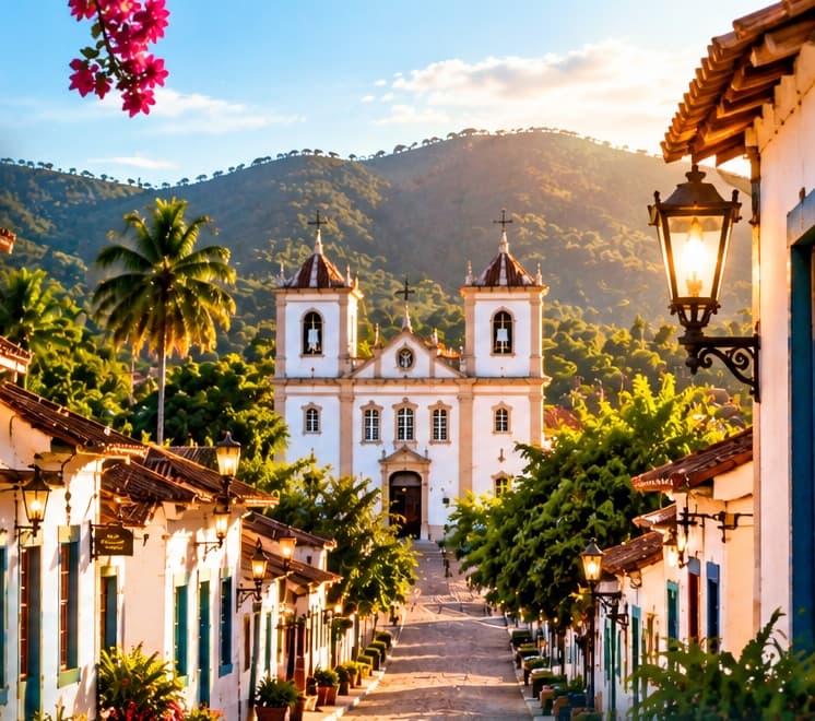 Rua de pedra do centro histórico de Pirenópolis com a igreja ao fundo